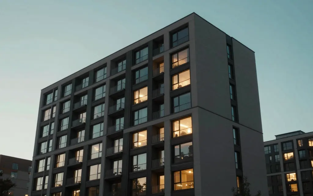 Un edificio de departamentos multifamiliar moderno con el letrero de la oficina de arrendamiento al frente.