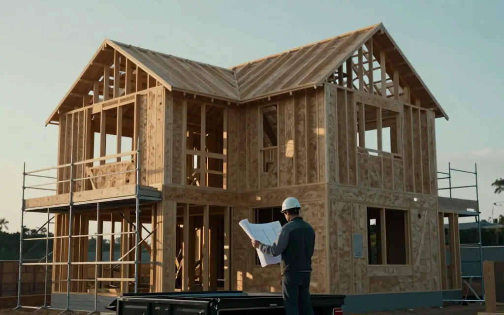 Una grúa y una estructura de acero levantándose sobre un desarrollo residencial nuevo.